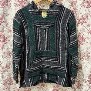 Frank’s Baja Hoodie Green Gray Striped Pullover Sweater Adult Medium